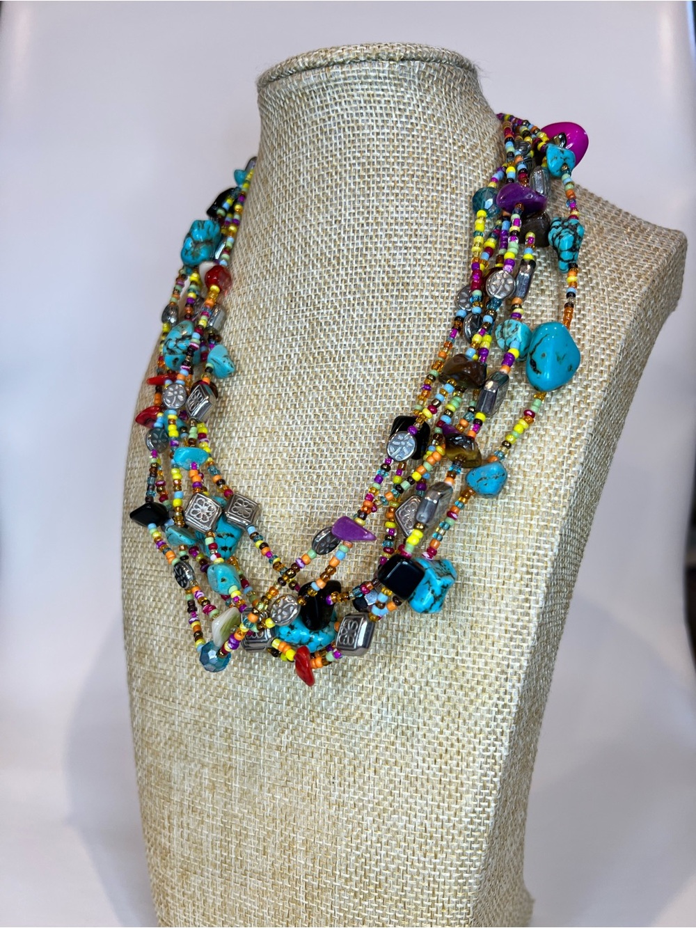 Multi strand stone Glass faceted beads Bohemian Treasure Chest necklace